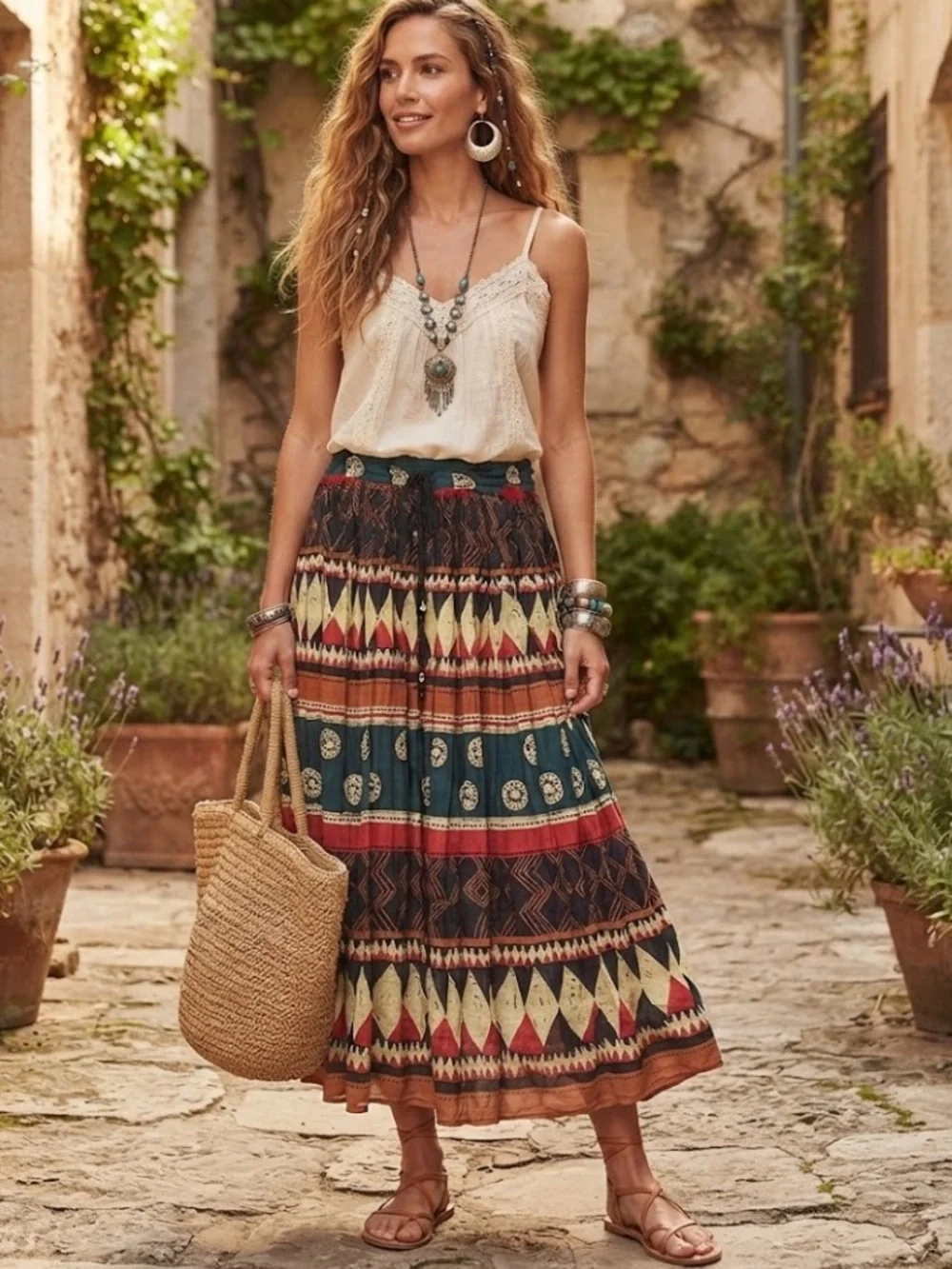 Vintage Short Circuit Made in India Cotton Maxi Skirt Aztec Boho Hippie L/XL